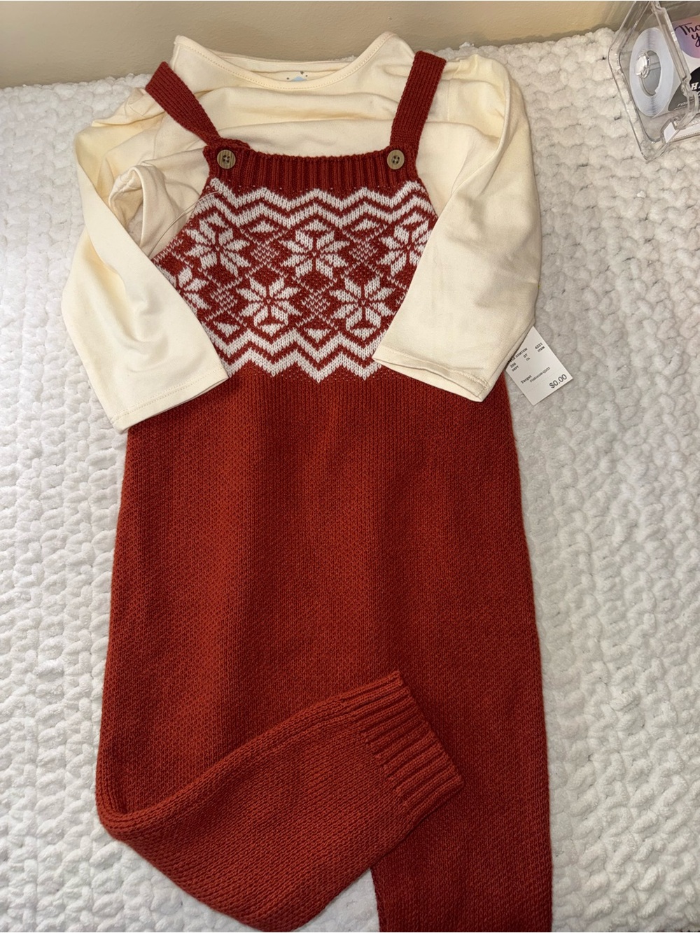 cloud island Rust Red Knit Snowflake Romper with Cream Tee
